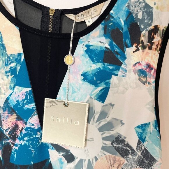Shilla Womens Revolution Print Asymmetric Mini Shift Dress Blue S Sleeveless NWT - Picture 3 of 8